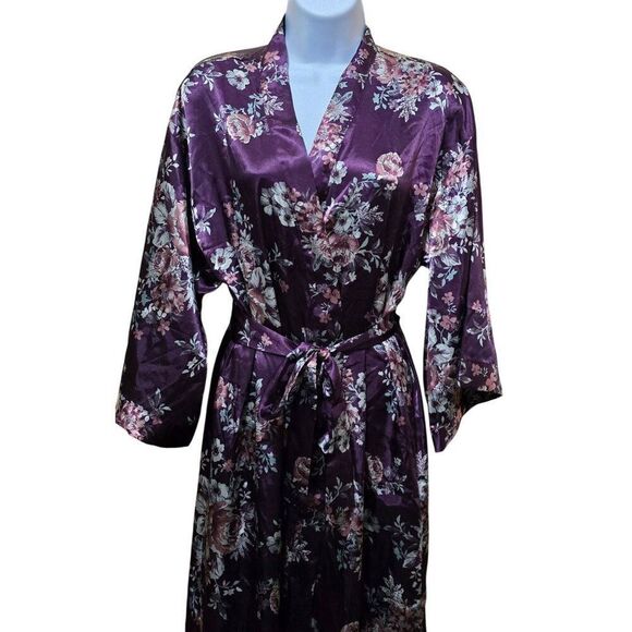 Floral Satin Kimono Robe With Waist Tie Purple & Pink Womens Medium fairycore - Picture 1 of 10